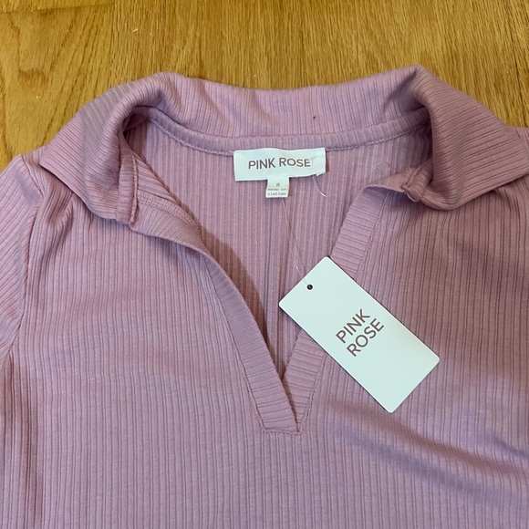 Pink Ribbed Crop Top with Collar - Picture 2 of 6